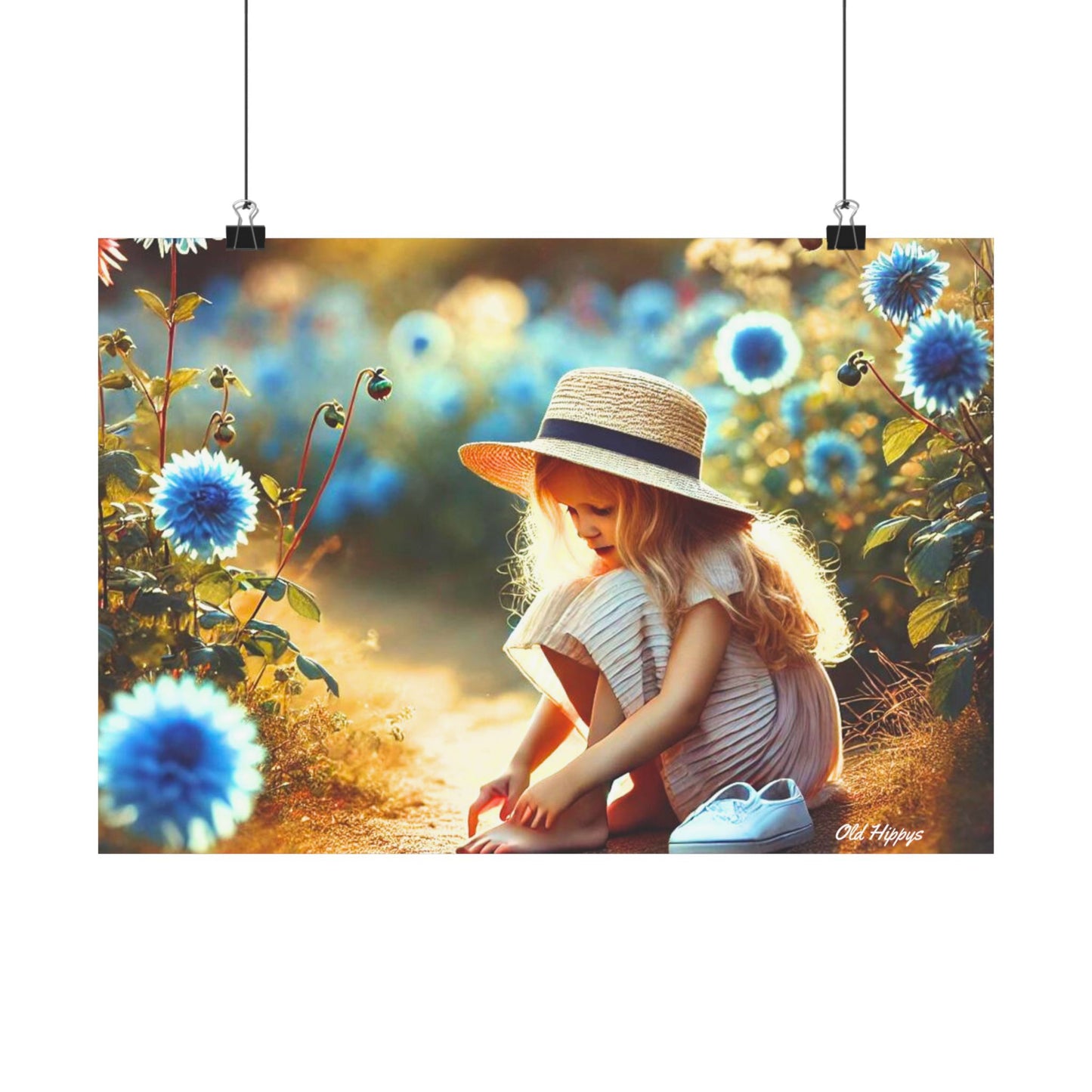 Girl with Blue Flowers Matte Horizontal Poster