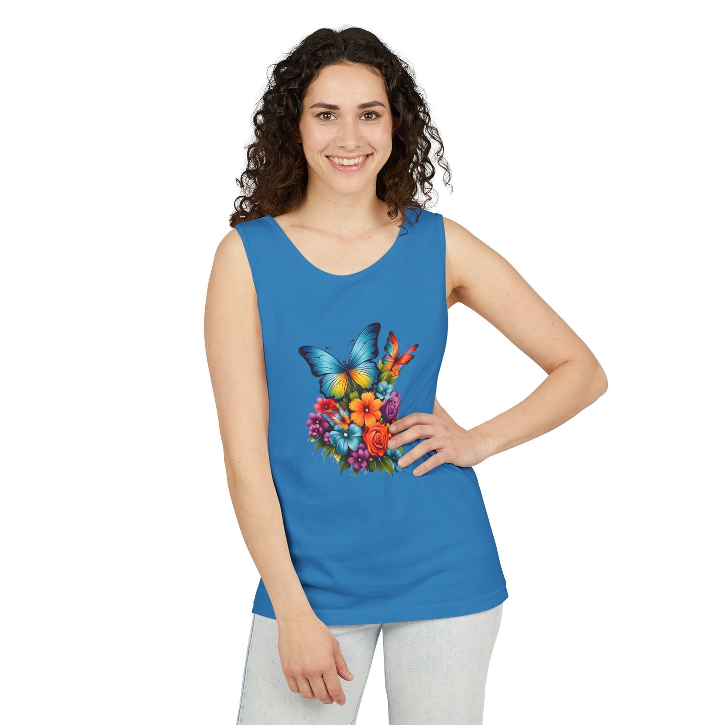 Butterfly Floral Tank Top — Colorful Garden Print Summer Tee