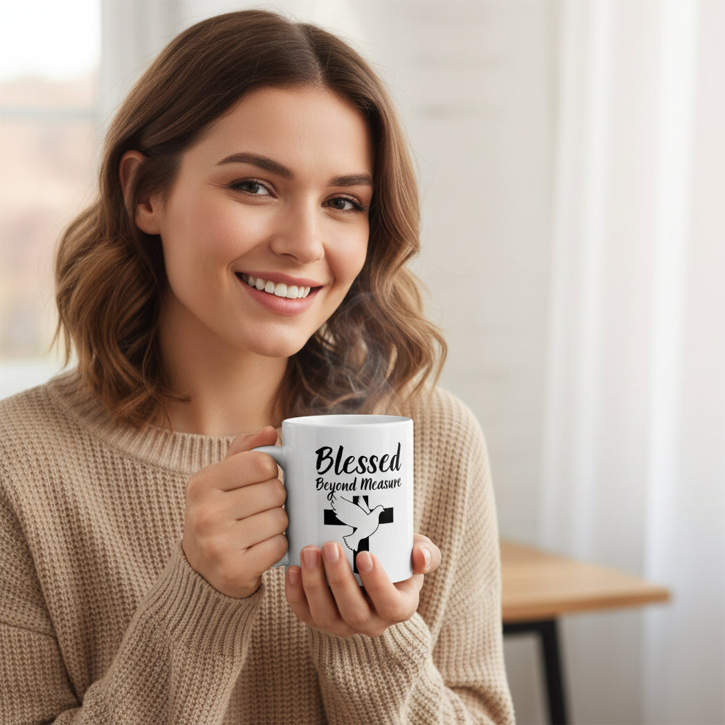 Blessed Beyond Measure Ceramic Mug — Christian Cross & Dove Faith Coffee Cup (11oz, 15oz)