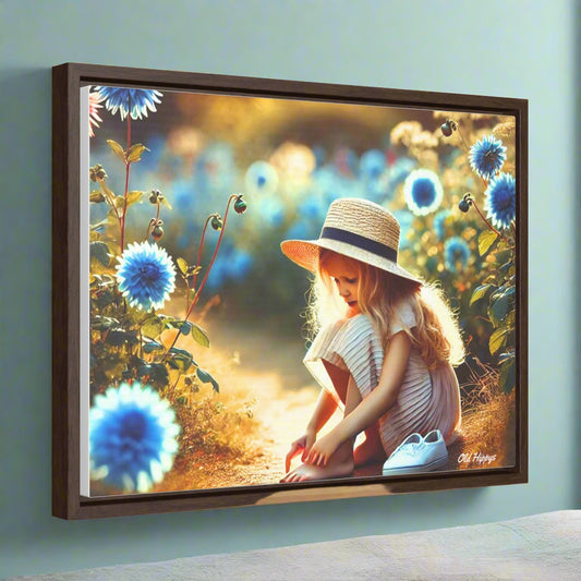Girl and Blue Flowers Wood Framed Canvas Wrap