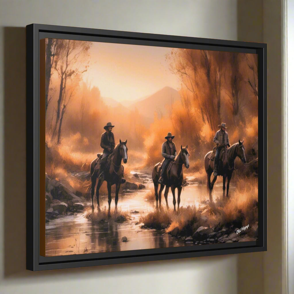 Cowboys Crossing A Stream Wood Framed Canvas Wrap