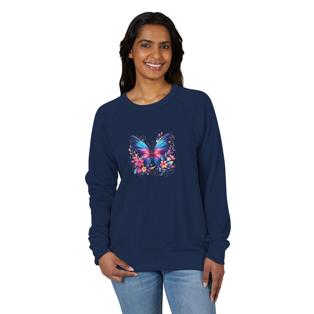 Butterfly Floral French Raglan Crewneck Sweatshirt – Colorful Wings Graphic
