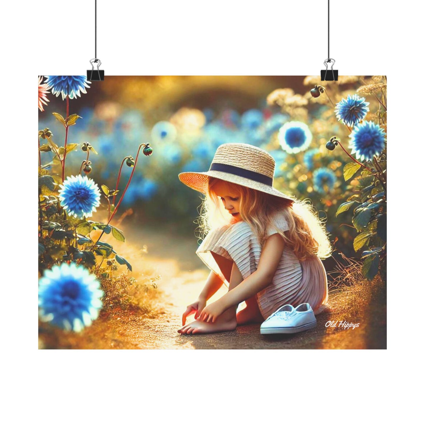 Girl with Blue Flowers Matte Horizontal Poster