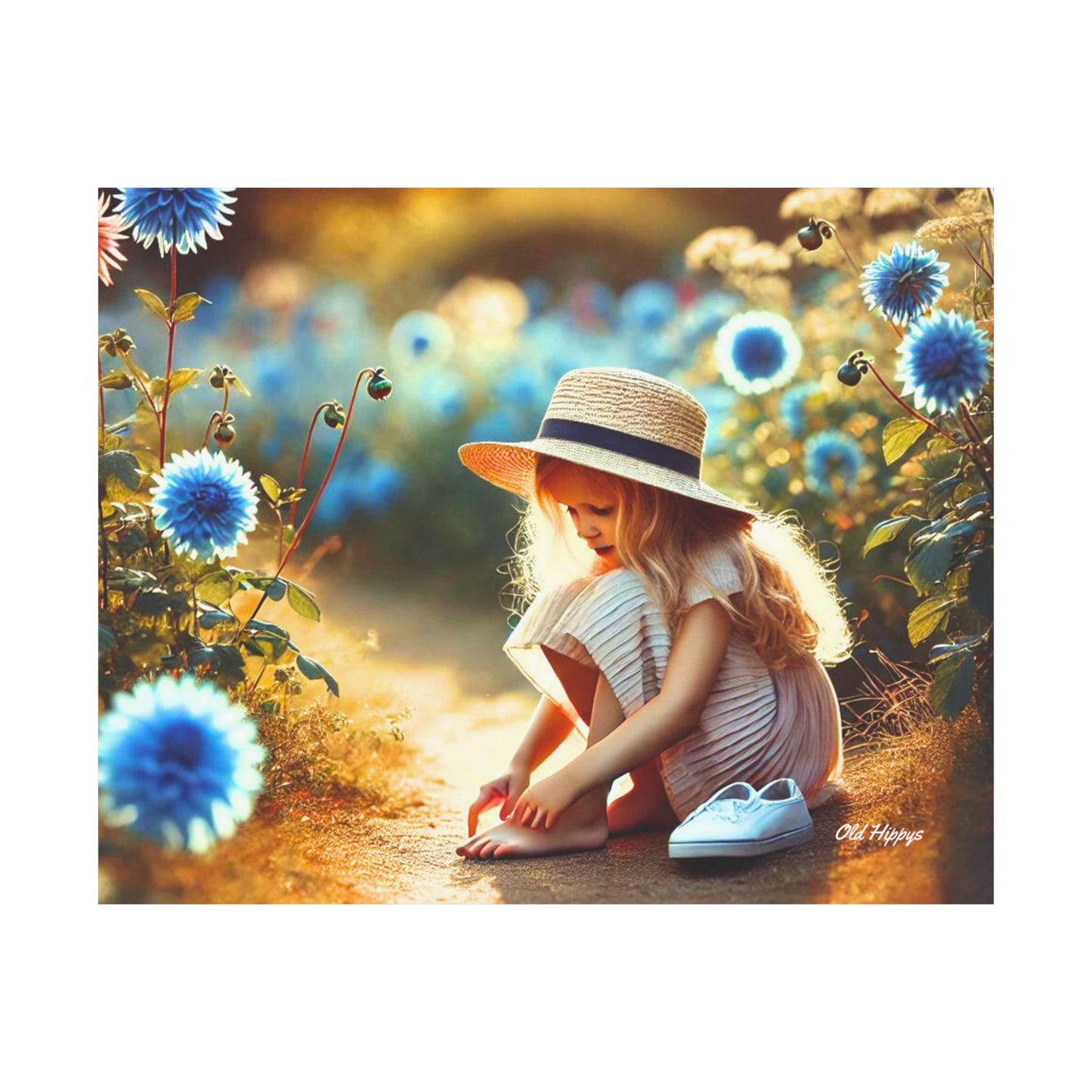 Girl with Blue Flowers Matte Horizontal Poster