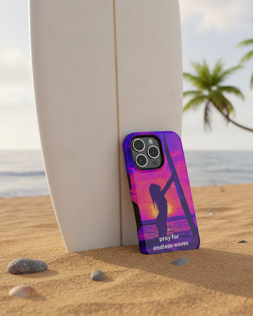 Surf Silhouette Phone Case — "Pray for Endless Waves" Impact-Resistant