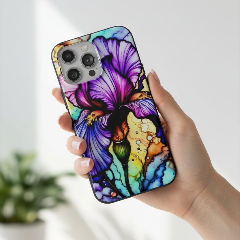 Stained Glass Iris Smartphone Case — Vibrant Purple Watercolor Phone Cover