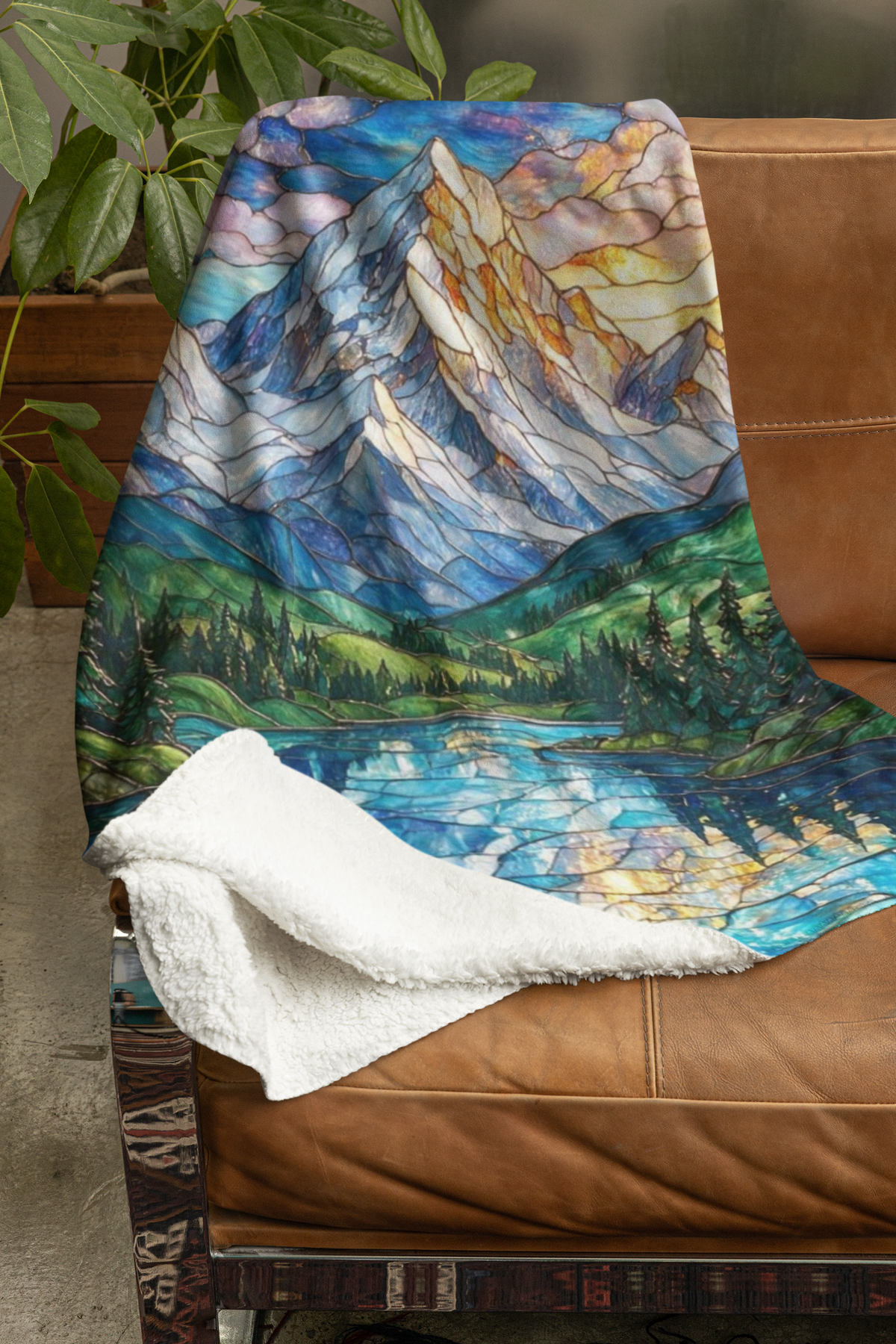 Mountain Lake Sherpa Blanket — Stained Glass Nature Fleece Throw