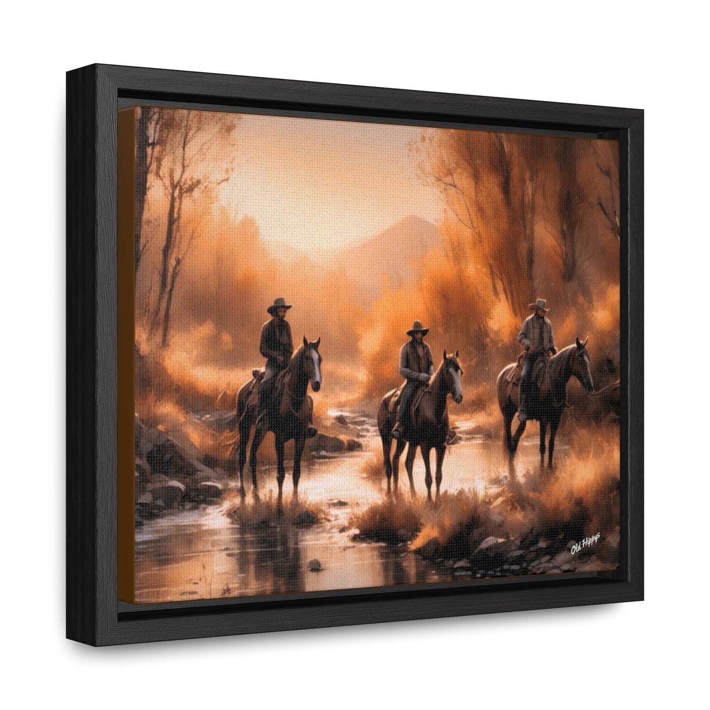 Cowboys Crossing A Stream Wood Framed Canvas Wrap