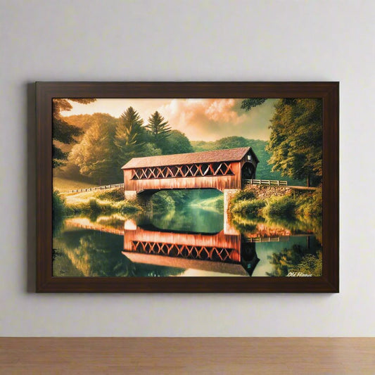 Old Covered Bridge and Pond Wood Framed Poster