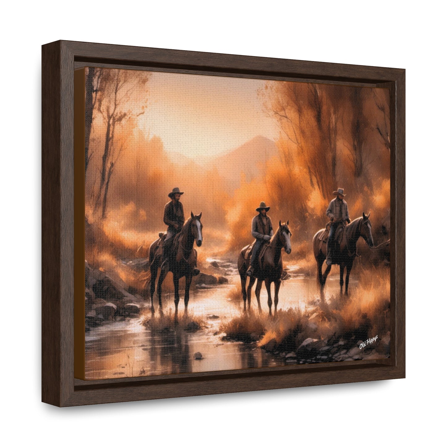 Cowboys Crossing A Stream Wood Framed Canvas Wrap