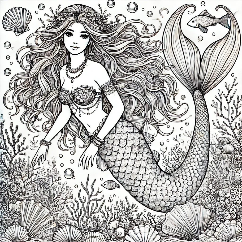 Beautiful Mermaids Coloring Pages Original AI Art by Old Hippy