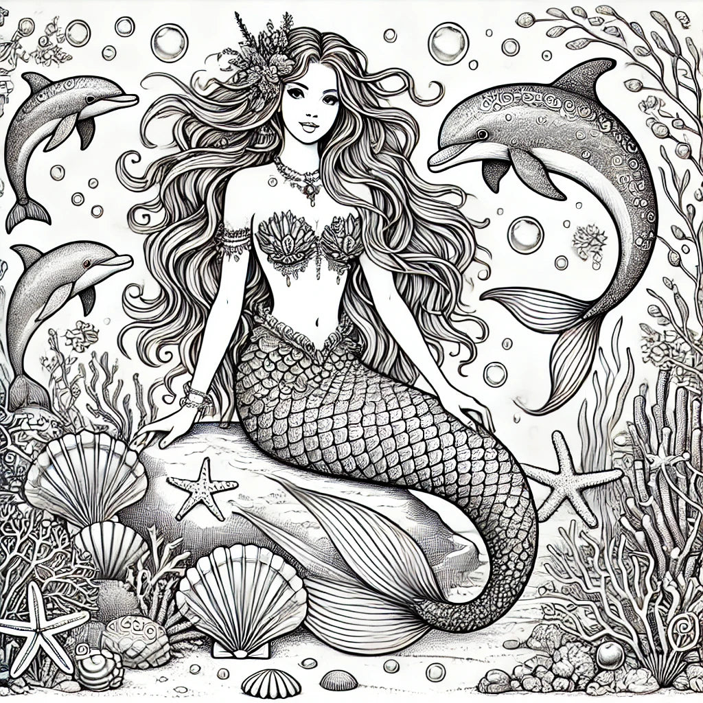 Beautiful Mermaids Coloring Pages Original AI Art by Old Hippy