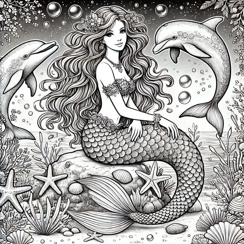 Beautiful Mermaids Coloring Pages Original AI Art by Old Hippy