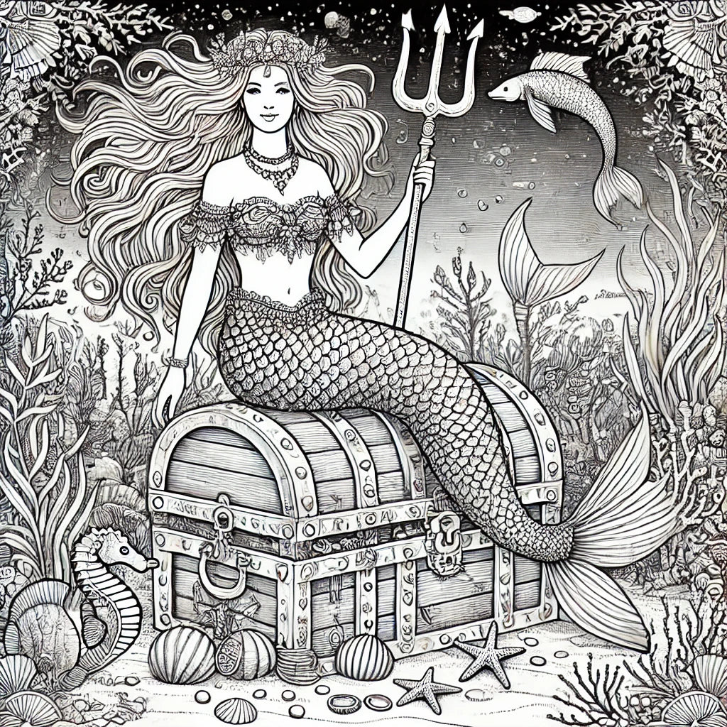 Beautiful Mermaids Coloring Pages Original AI Art by Old Hippy