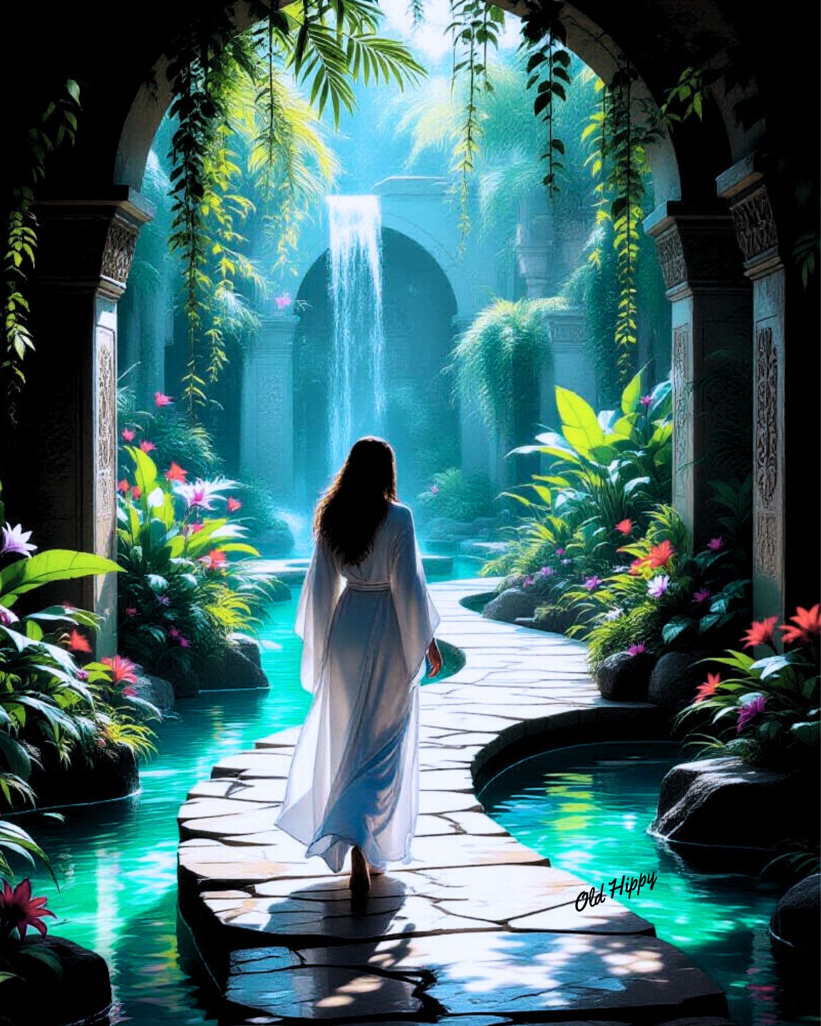 "Divine Pathways: Serenity in the Sacred Garden" AI Art by Old Hippy