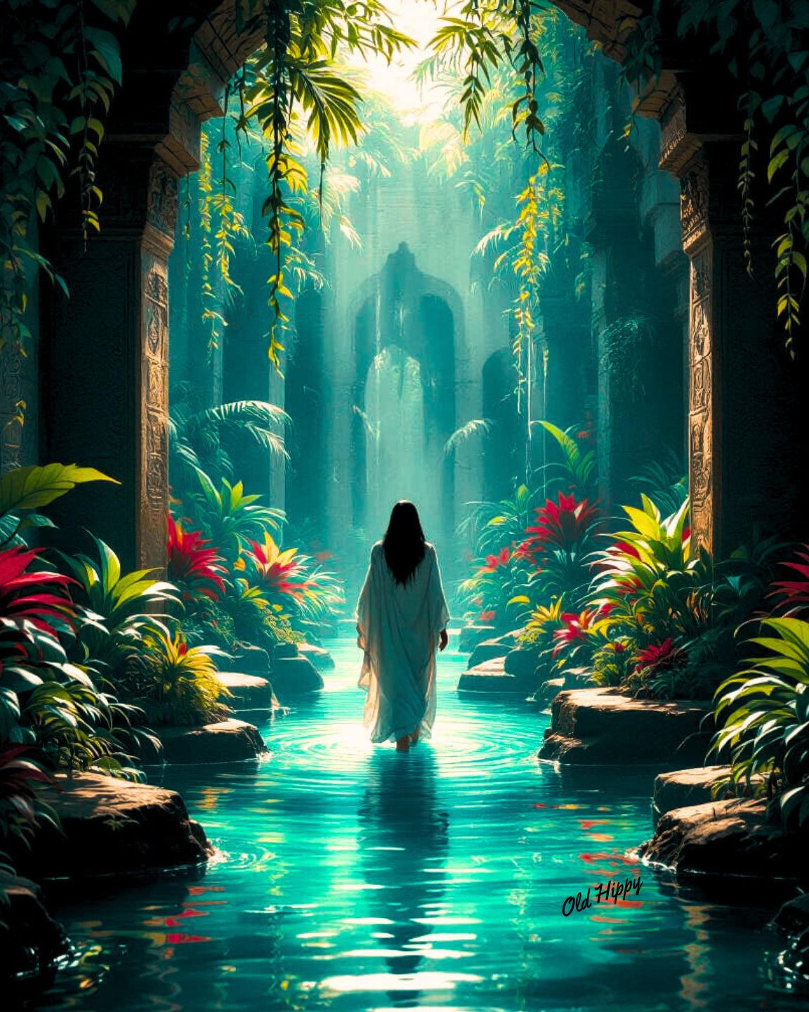 "Divine Pathways: Serenity in the Sacred Garden" AI Art by Old Hippy