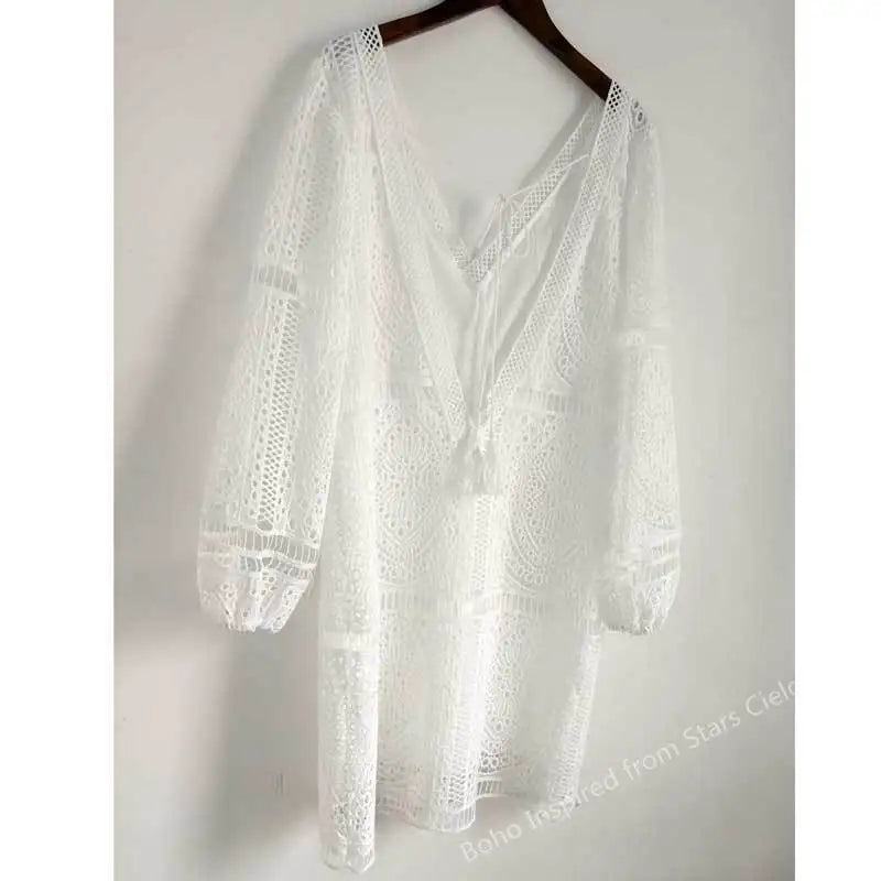 BOHO INSPIRED Lace Tunic Dress Women V-Neck Tassle Bikini Coverup
