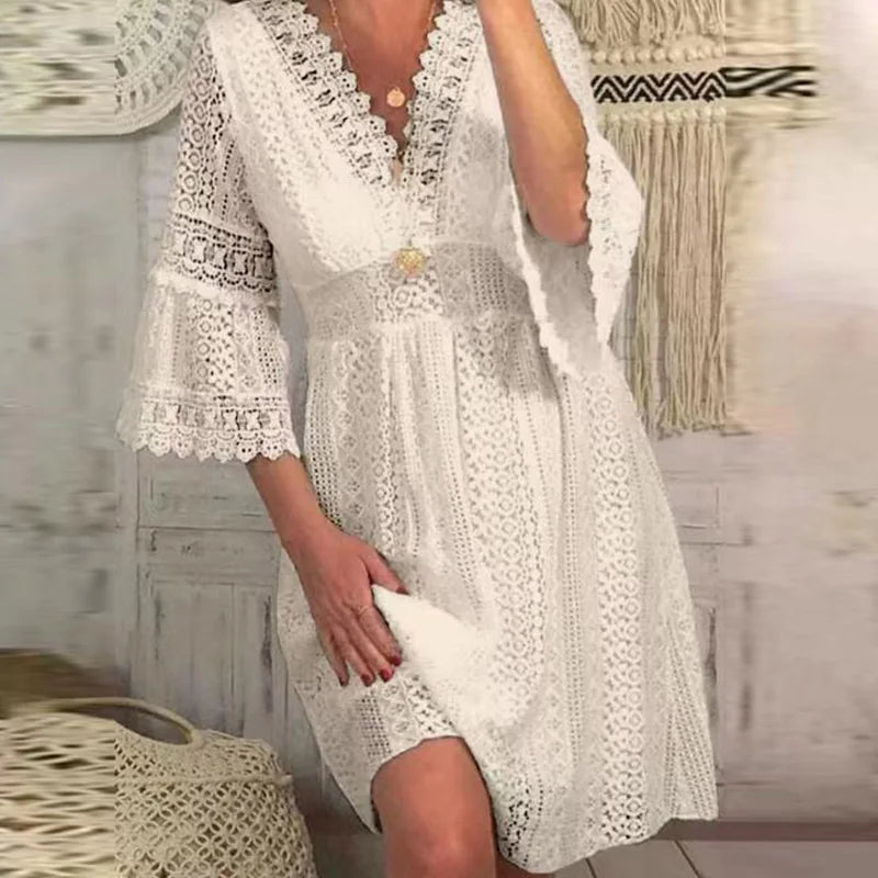 2021 Spring Women Sexy Crochet Lace V-Neck Party Dress