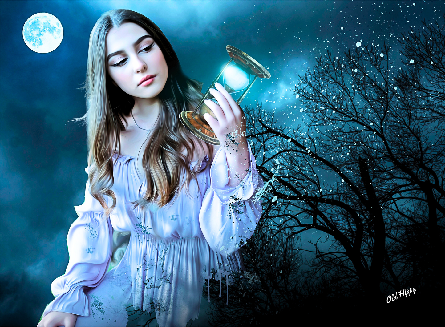 Woman in Moonlight with Hourglass
