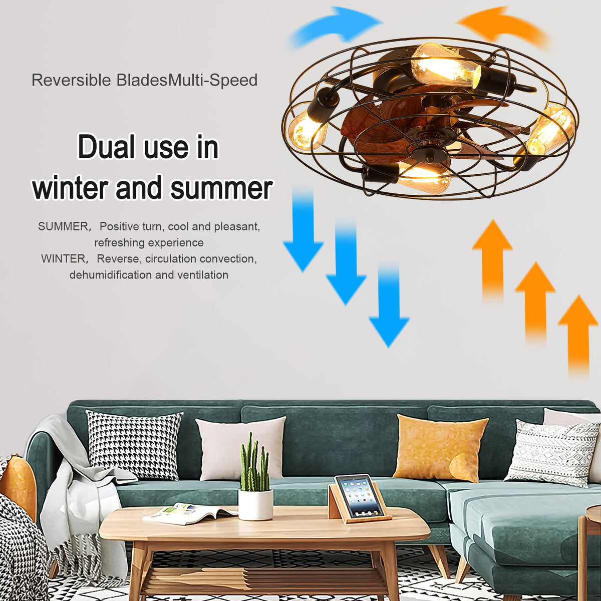 Caged Ceiling Fan With Light, 20'' Farmhouse Low Profile With Remote Control