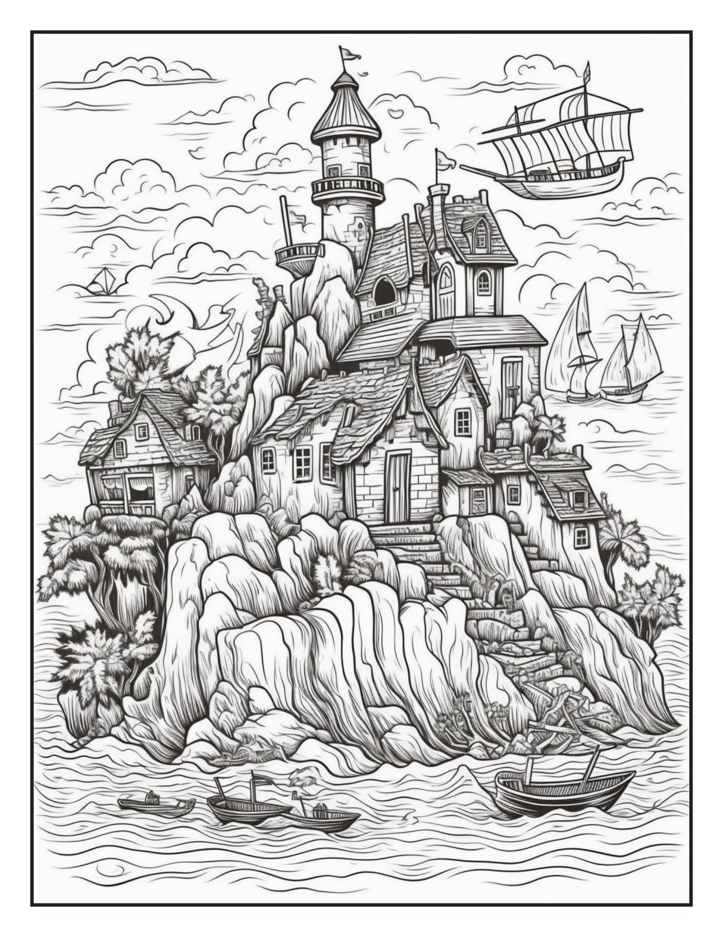 Fantasy Islands Adult Coloring Pages by Old Hippy