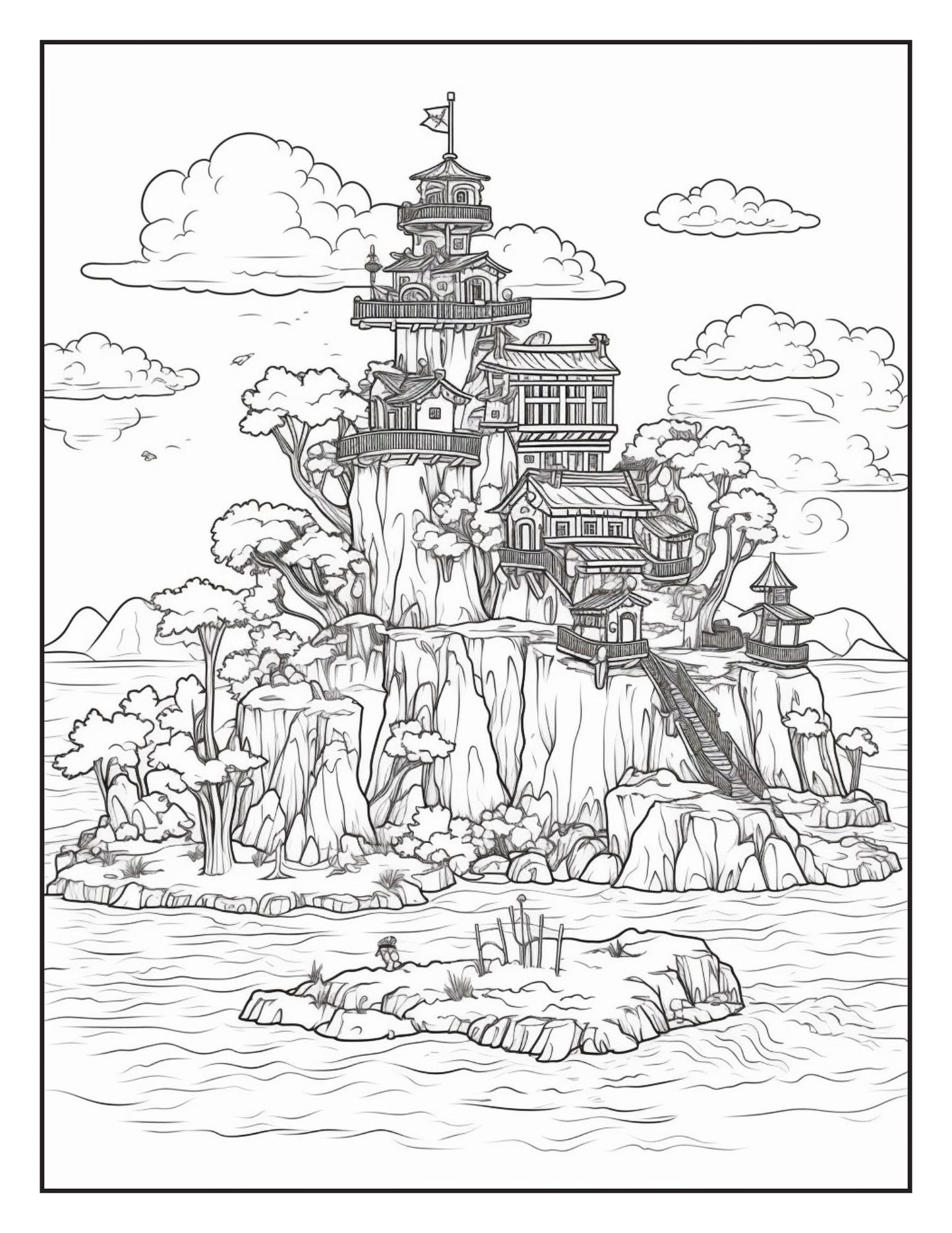 Fantasy Islands Adult Coloring Pages by Old Hippy