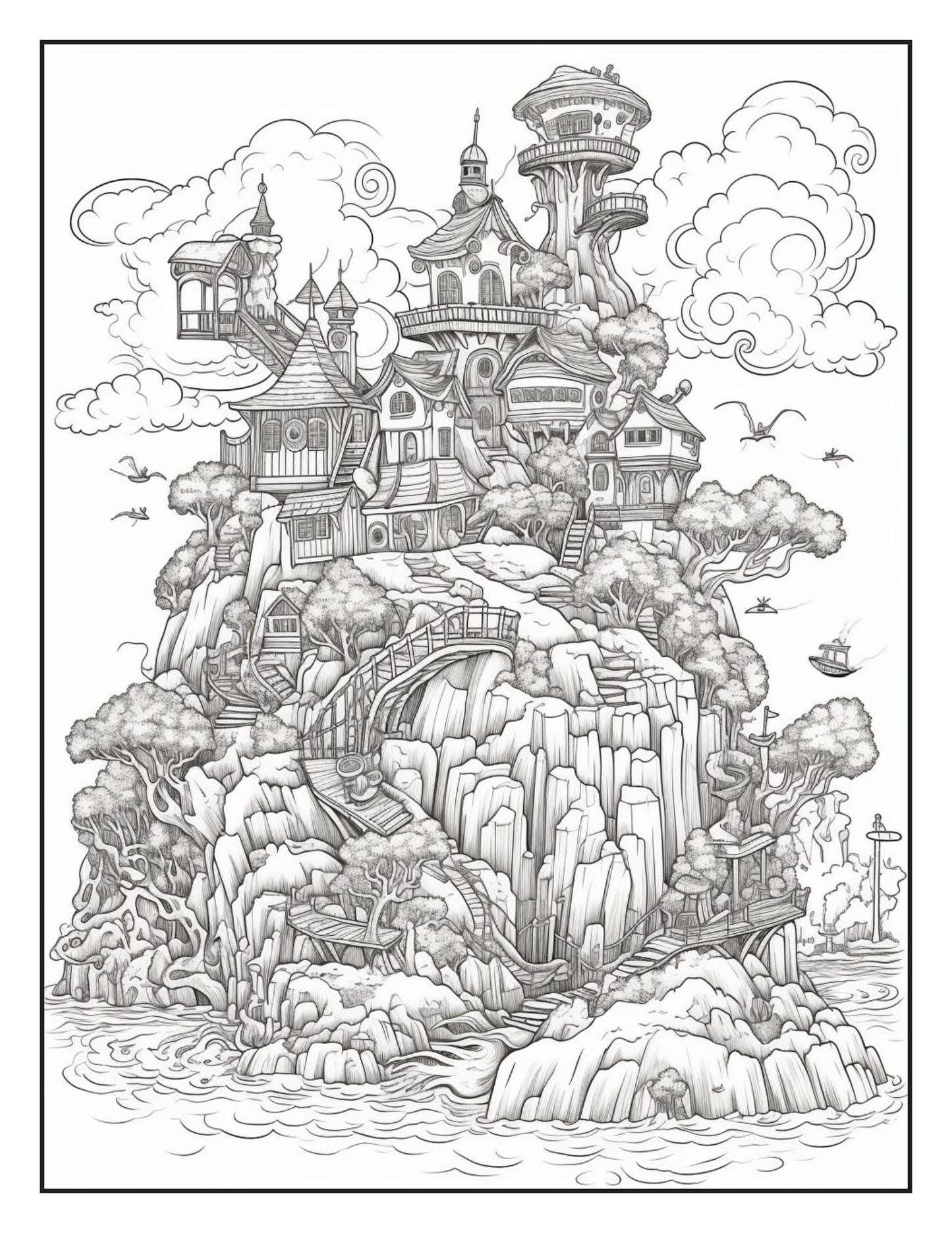 Fantasy Islands Adult Coloring Pages by Old Hippy