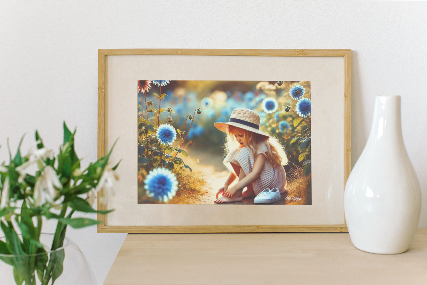 Girl with Blue Flowers Matte Horizontal Poster