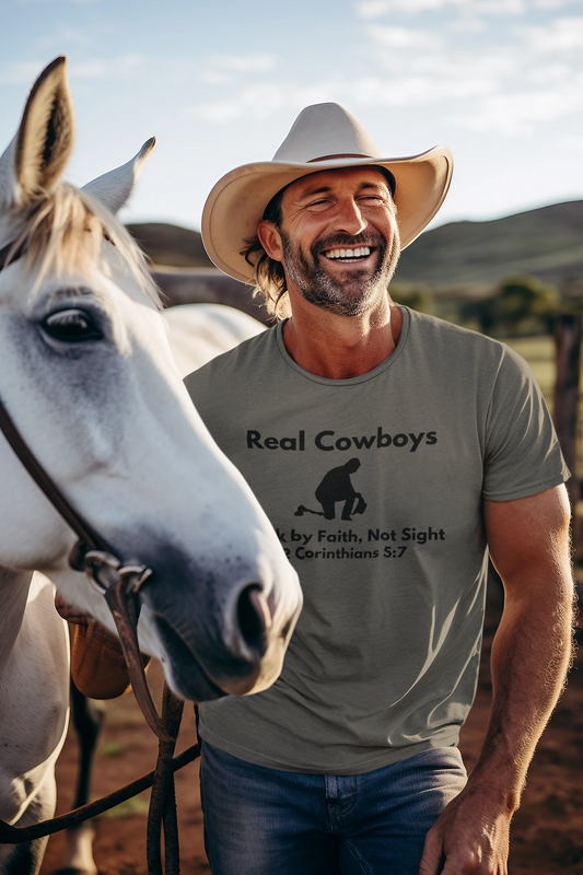 Real Cowboys Faith T-Shirt - Walk by Faith, Not Sight, 2 Corinthians 5:7 - Unisex Inspirational Tee