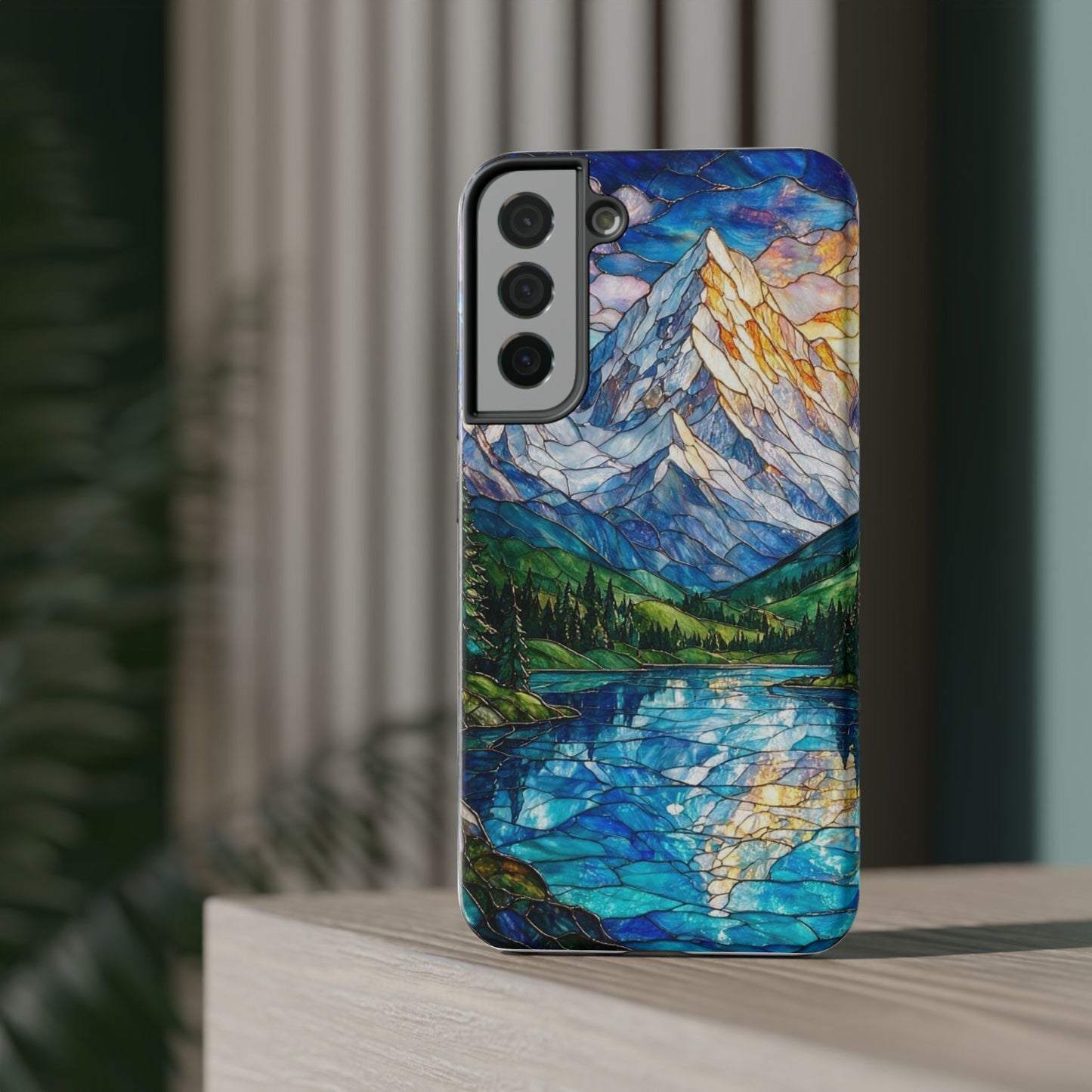 Stained Glass Mountain Lake Mosaic Phone Case — Impact-Resistant Artistic Protection