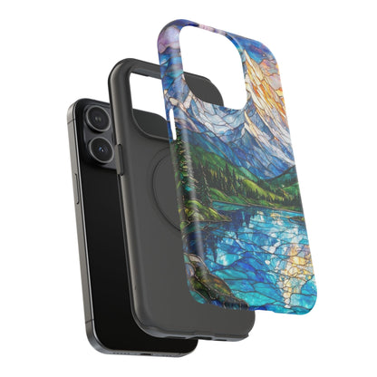 Stained Glass Mountain Lake Mosaic Phone Case — Impact-Resistant Artistic Protection
