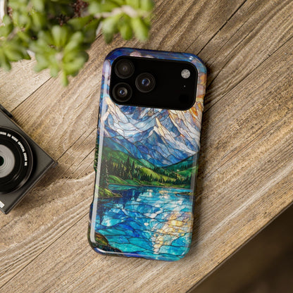 Stained Glass Mountain Lake Mosaic Phone Case — Impact-Resistant Artistic Protection