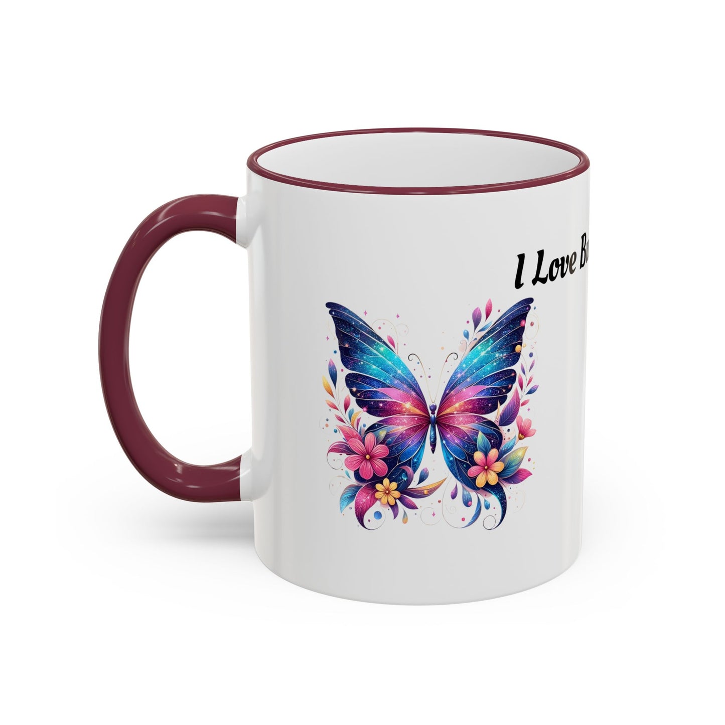 I Love Butterflies Accent Rim Mug — Floral Butterfly Coffee Cup (11oz/15oz)