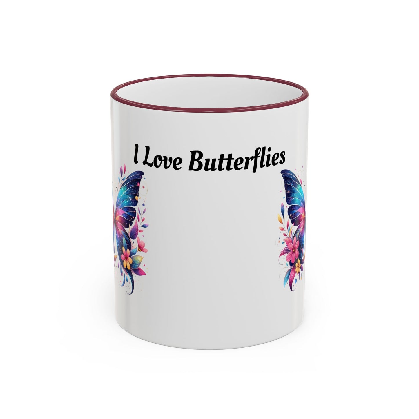 I Love Butterflies Accent Rim Mug — Floral Butterfly Coffee Cup (11oz/15oz)