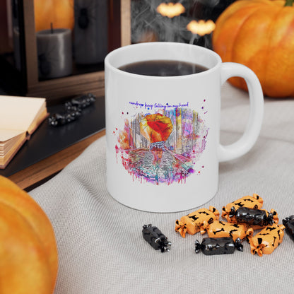 Watercolor Raindrops Keep Falling On My Head Ceramic Mug — Colorful Coffee Cup (11oz & 15oz)