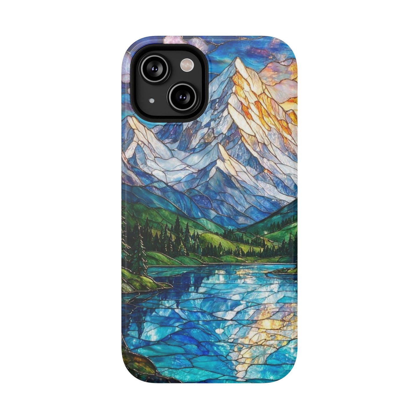 Stained Glass Mountain Lake Mosaic Phone Case — Impact-Resistant Artistic Protection