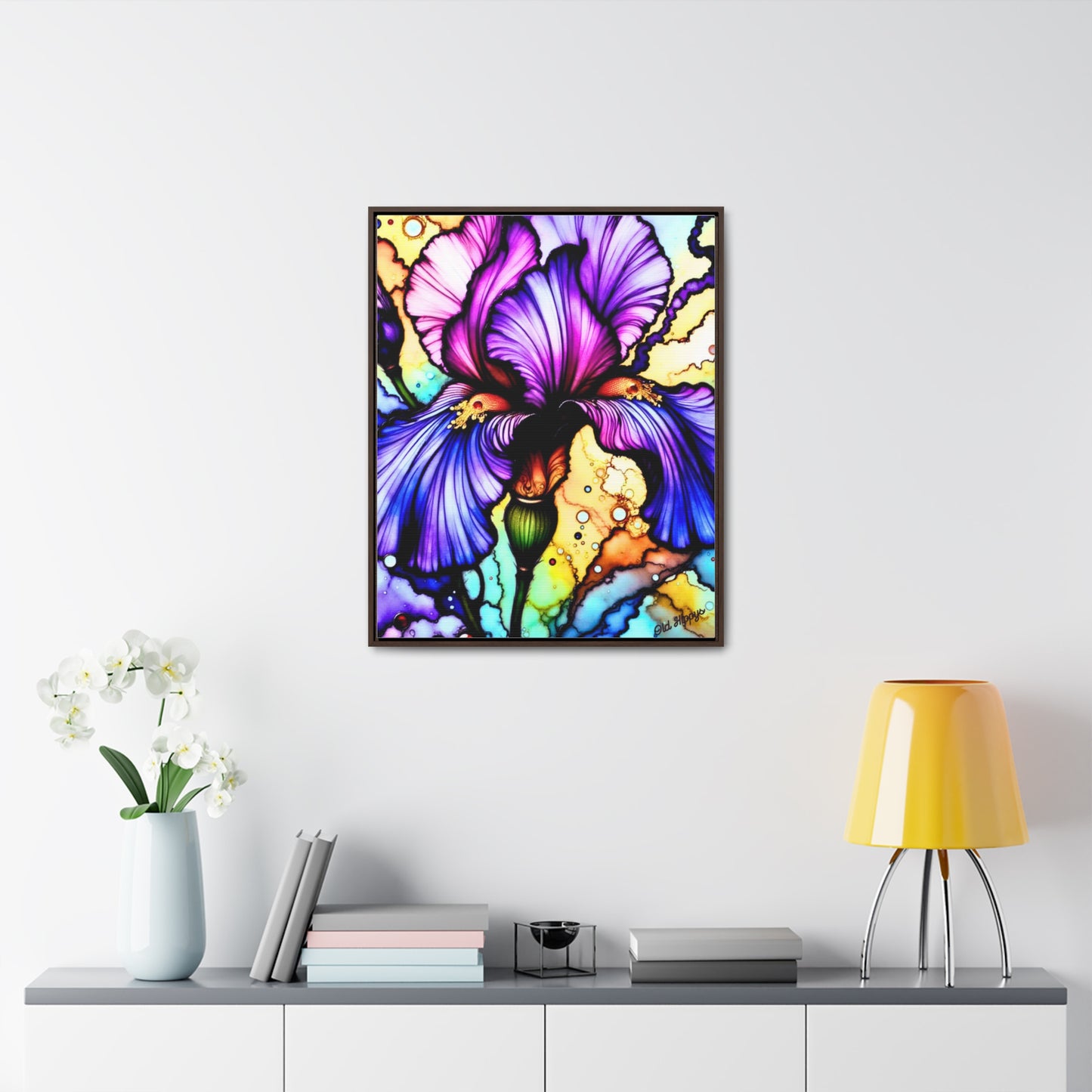 Stained Glass Iris Wood Framed Canvas