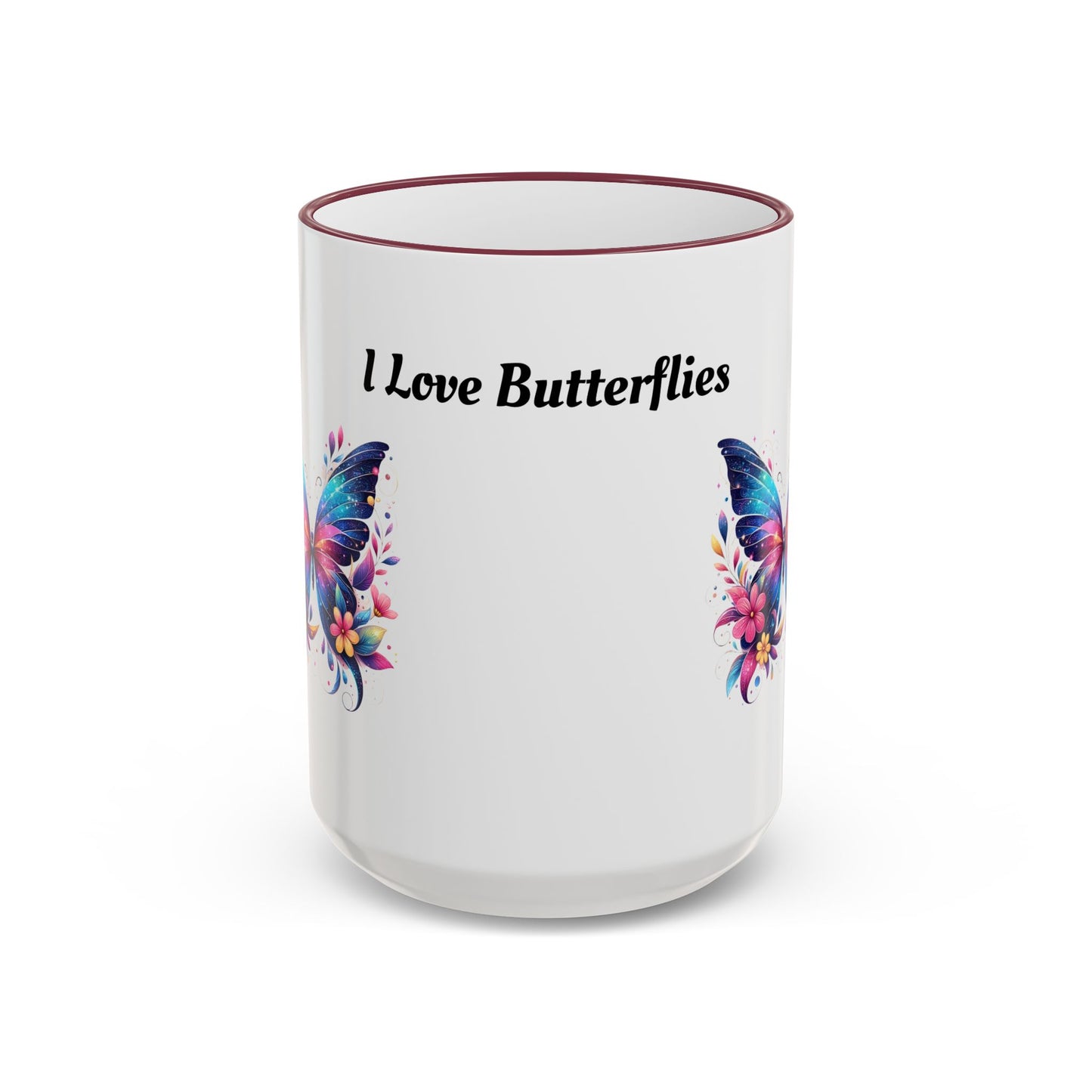 I Love Butterflies Accent Rim Mug — Floral Butterfly Coffee Cup (11oz/15oz)