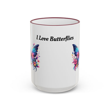 I Love Butterflies Accent Rim Mug — Floral Butterfly Coffee Cup (11oz/15oz)