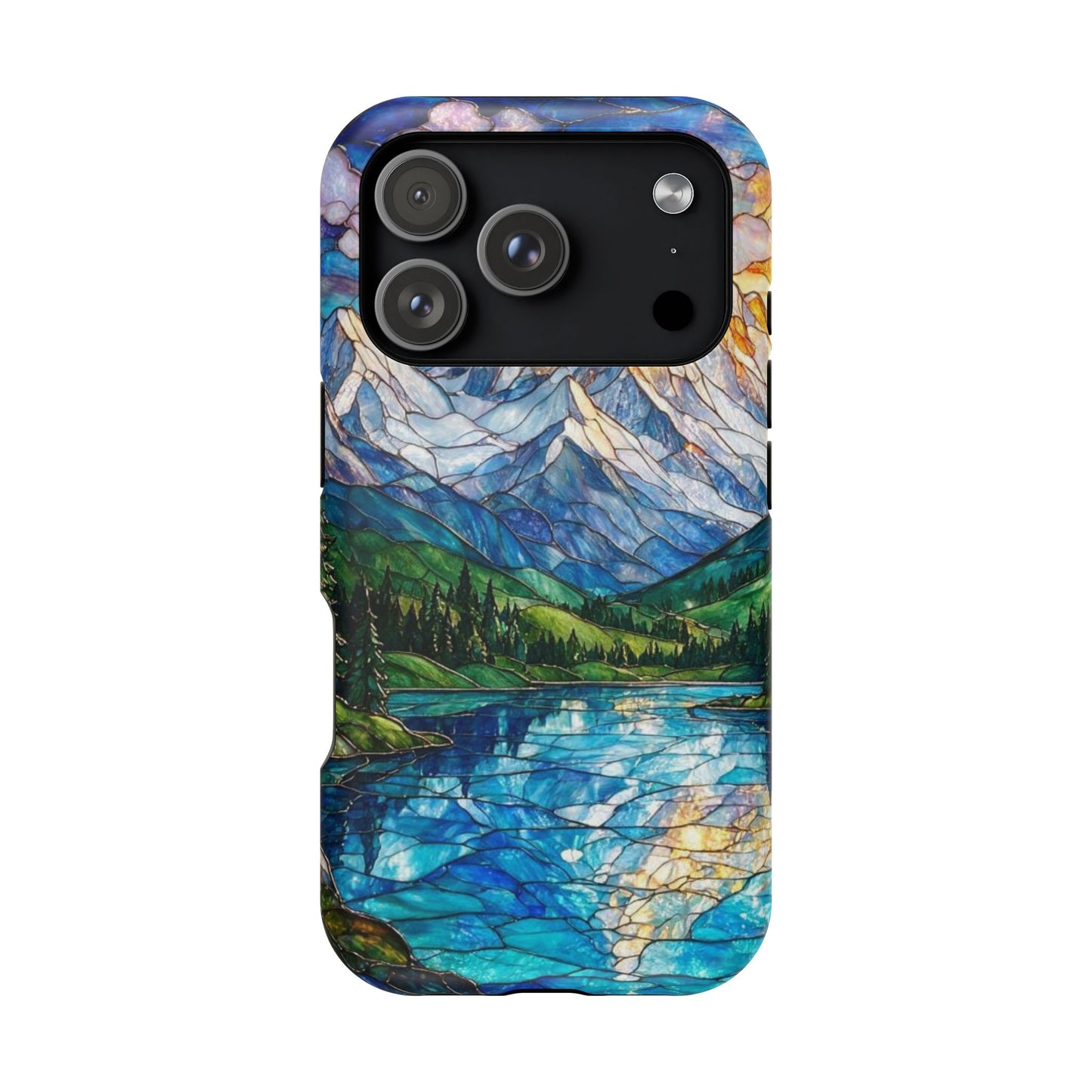 Stained Glass Mountain Lake Mosaic Phone Case — Impact-Resistant Artistic Protection