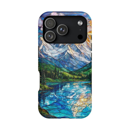 Stained Glass Mountain Lake Mosaic Phone Case — Impact-Resistant Artistic Protection