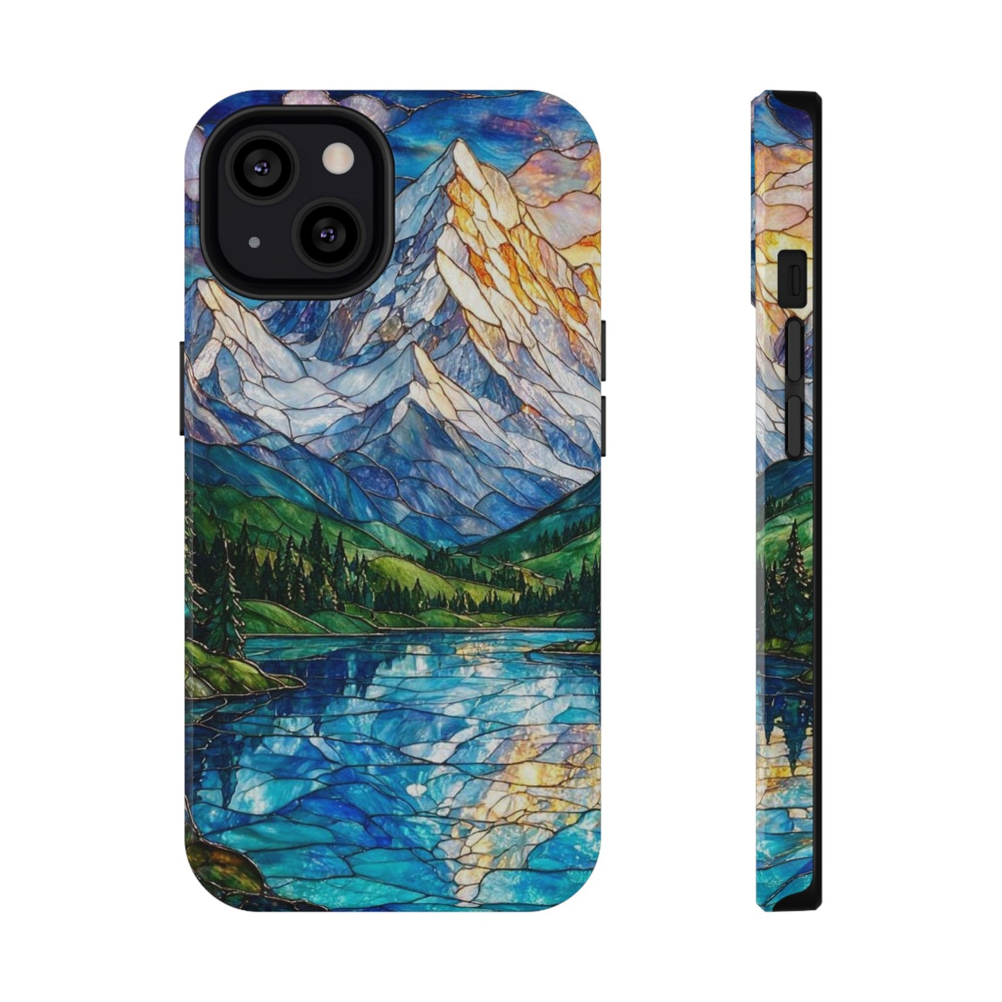 Stained Glass Mountain Lake Mosaic Phone Case — Impact-Resistant Artistic Protection