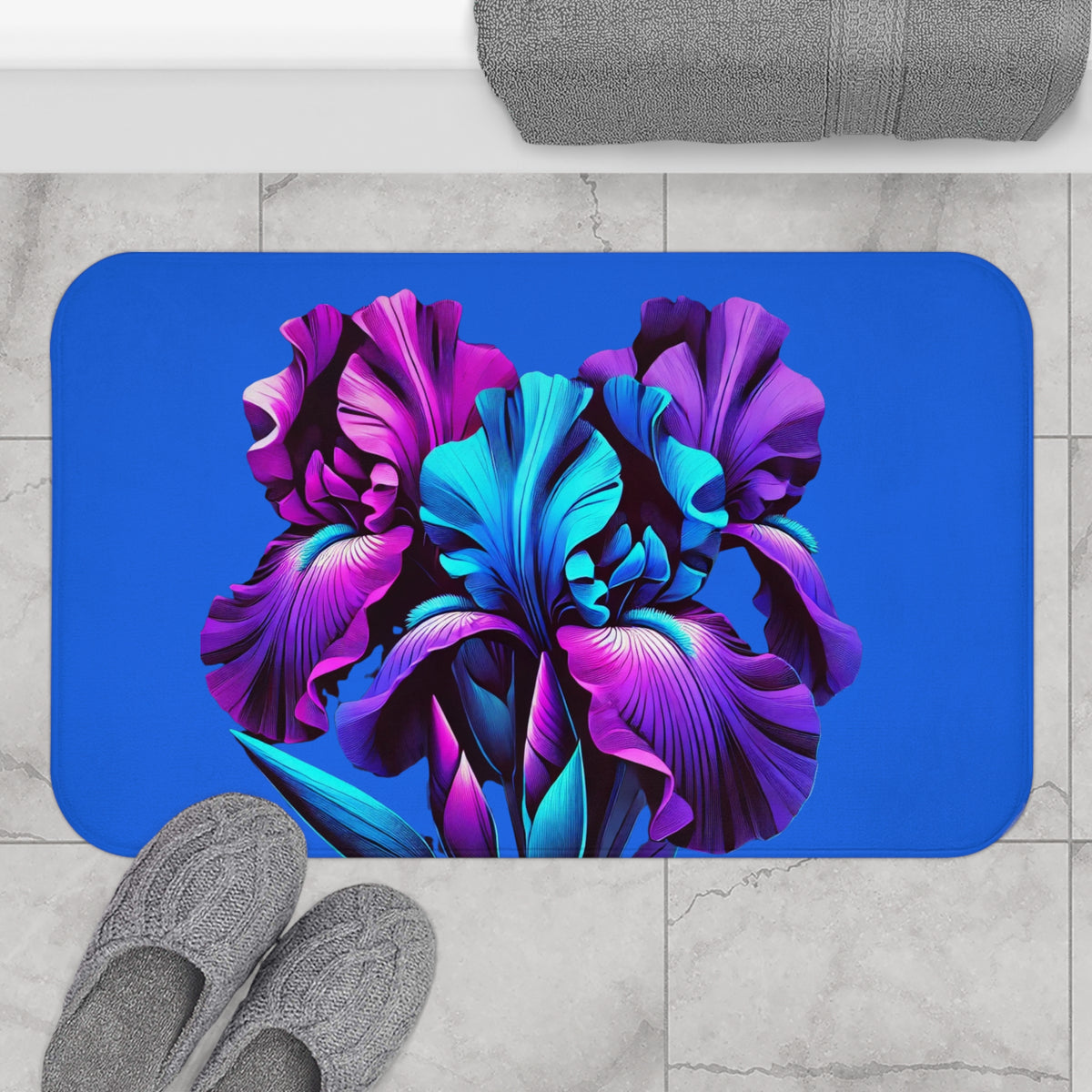 Vibrant Neon Iris Bath Mat — Blue & Purple Floral Bathroom Rug