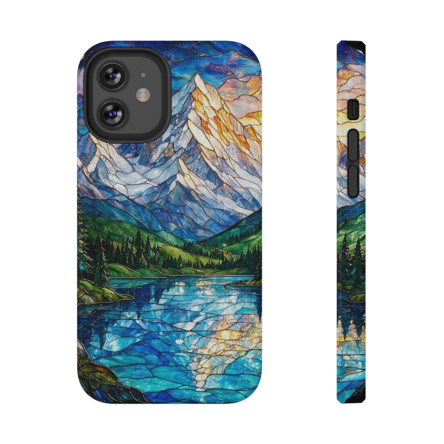 Stained Glass Mountain Lake Mosaic Phone Case — Impact-Resistant Artistic Protection