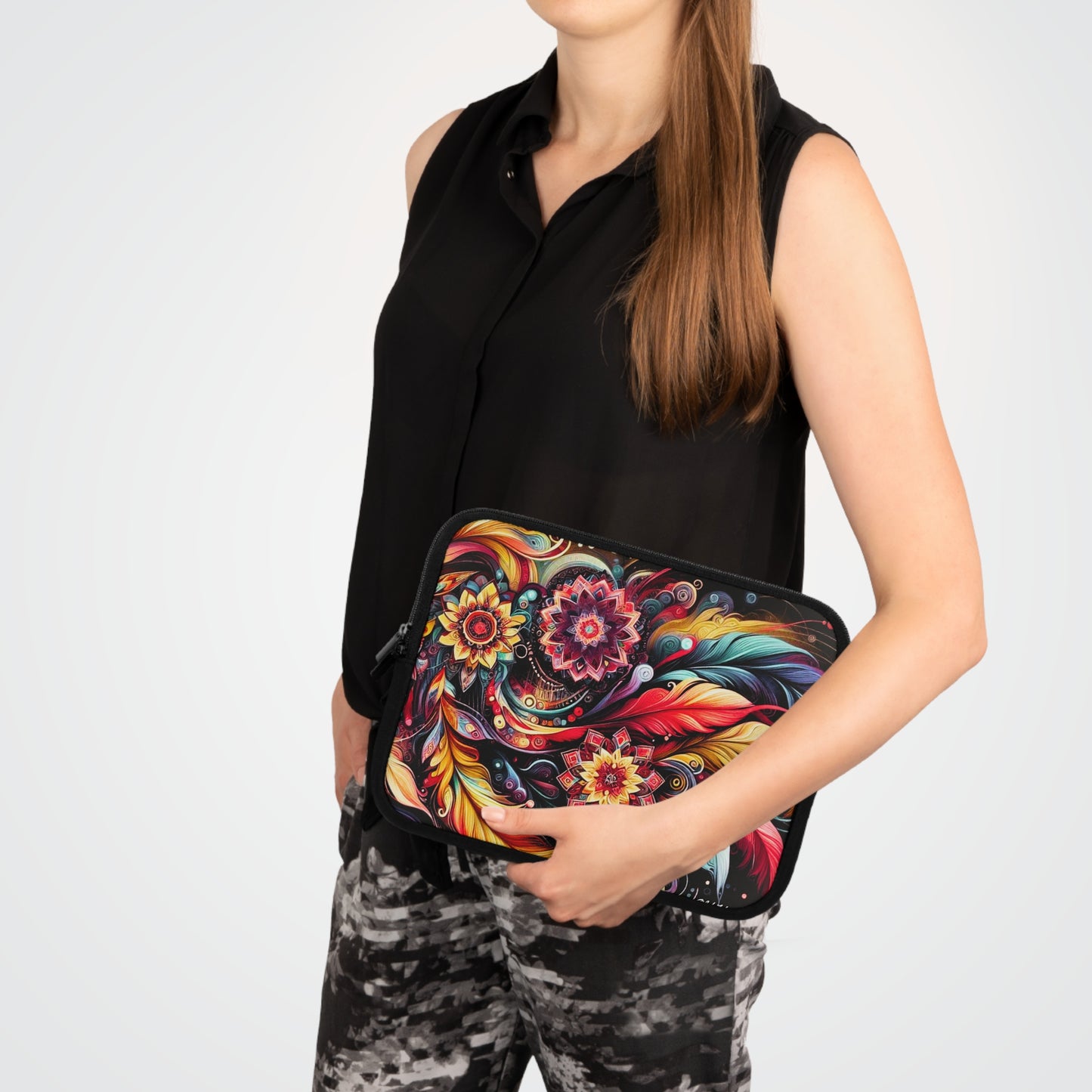 Colorful Floral Mandala Laptop Sleeve — Vibrant Boho Feather Design