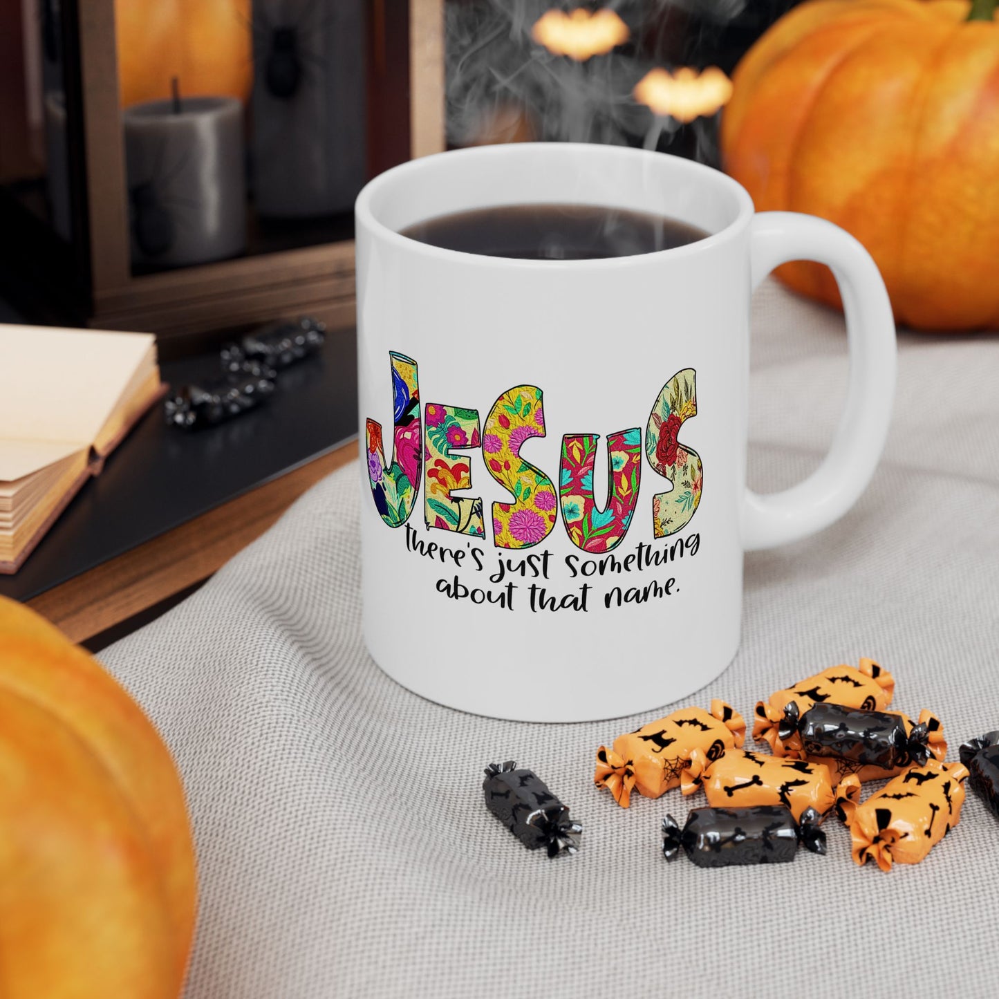 Floral 'Jesus Something About that Name' Ceramic Mug — Colorful Faith Coffee Cup (11oz/15oz)