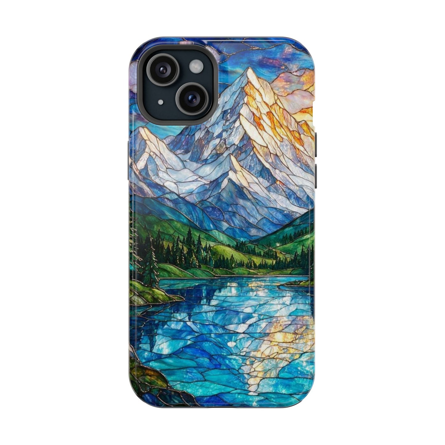 Stained Glass Mountain Lake Mosaic Phone Case — Impact-Resistant Artistic Protection