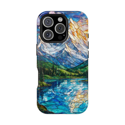 Stained Glass Mountain Lake Mosaic Phone Case — Impact-Resistant Artistic Protection