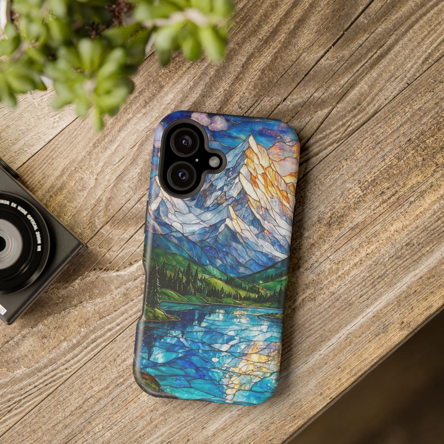Stained Glass Mountain Lake Mosaic Phone Case — Impact-Resistant Artistic Protection