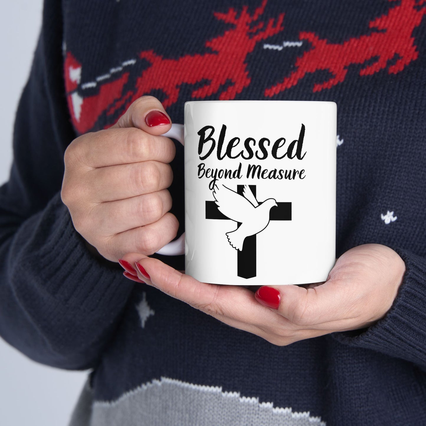 Blessed Beyond Measure Ceramic Mug — Christian Cross & Dove Faith Coffee Cup (11oz, 15oz)